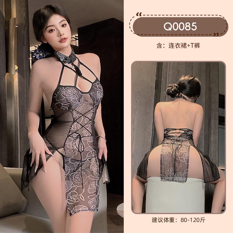 九里晴川情趣内衣女免脱诱惑旗袍镂空透视制服激情套装 九里晴川Q0085[玫瑰吊带裙-黑] 均码