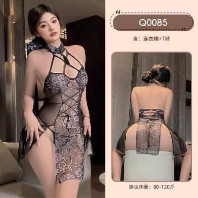九里晴川情趣内衣女免脱诱惑旗袍镂空透视制服激情套装 九里晴川Q0085[玫瑰吊带裙-黑] 均码