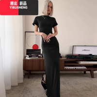 YIBUSHENG时尚简约正肩短袖连衣裙2024季新款辣妹褶皱显瘦包臀开叉长裙潮