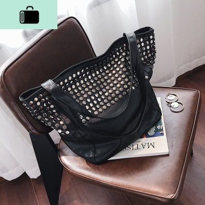 港风大包包2020春新款女包欧美时尚铆钉单肩包休闲简约手提购物袋NEW LAKE 黑色女士单肩包