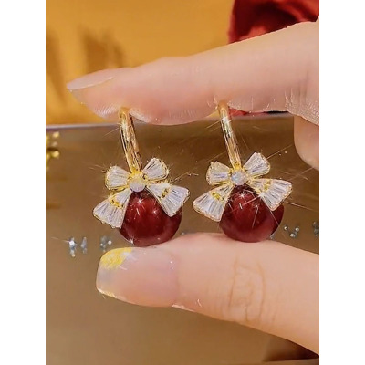 小众设计感红色珠珠满钻蝴蝶结锆石耳扣时尚感显气质百搭耳环耳饰送女朋友老婆情人节七夕生日礼物