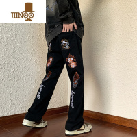 YANXU美式高街复古风骷髅印花vibe牛仔裤男士ins直筒宽松长裤潮牌