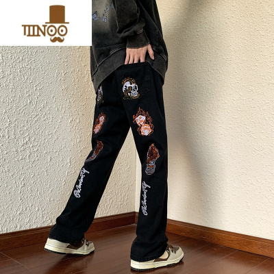 YANXU美式高街复古风骷髅印花vibe牛仔裤男士ins直筒宽松长裤潮牌