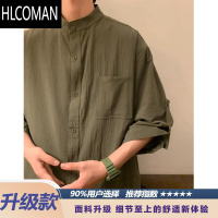 HLCOMAN新中式无领棉麻衬衫男短袖夏季日系复古大码休闲7七分袖亚麻衬衣