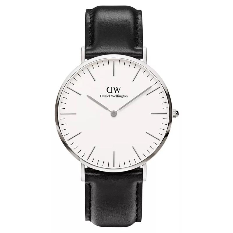 丹尼尔惠灵顿(Daniel Wellington)男士经典黑色皮革机械表简约风格40mm防水时尚腕表