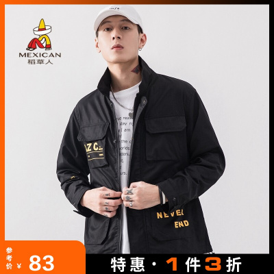 单件3折-稻草人衬衫男2020春季新品潮流印花男士休闲外套宽松立领工装衬衣