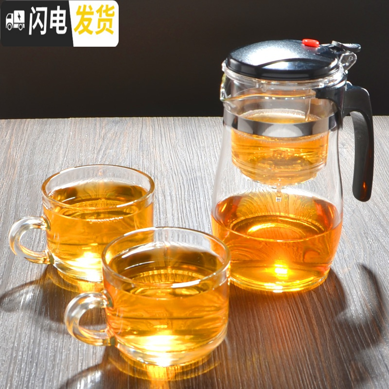 三维工匠飘逸杯玻璃茶壶可高温泡茶器耐热全拆洗玲珑杯养生壶过滤内胆茶具 重压椭圆款750配2个200把手杯