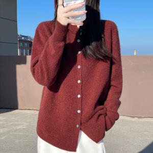 欧货连帽羊毛开衫外套女秋冬新款上市宽松慵懒范毛衣衬衫长外套