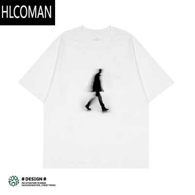 HLCOMAN模糊人小众叠影印花设计感高街男女短袖t恤百搭宽松上衣