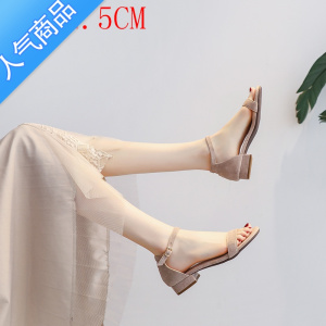 SUNTEK女鞋2023年夏新款韩版低跟平底百搭中跟粗跟仙女风一字扣带凉鞋女