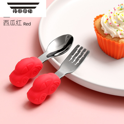 拓斯帝诺小宝宝学吃饭训练勺子短柄把勺叉子硅胶宝宝婴儿童餐具套装辅食勺西瓜红-小汽车款（赠收纳盒）