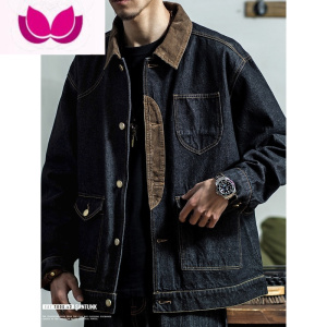 七斓灯芯绒拼接牛仔工装外套男美式日系复古夹克衫潮牌宽松痞帅