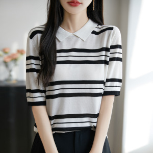 25夏季新款天丝娃娃领条纹短袖女百搭针织衫上衣打底休闲显瘦打底
