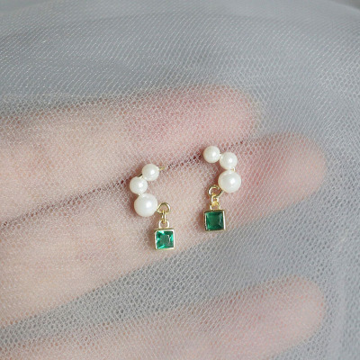 轻奢气质感纯银简约贝珠耳钉女S925纯银吊方块绿色锆石耳饰小众风送女朋友老婆情人节七夕生日礼物