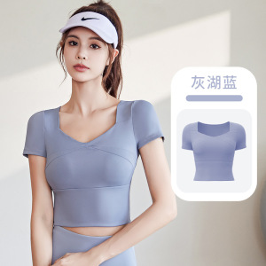 新款速干瑜伽短袖高弹修身免穿文胸跑步瑜伽服T恤