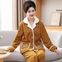 珊瑚绒妈妈睡衣女冬季加绒加厚新款法兰绒秋冬款家居服套装
