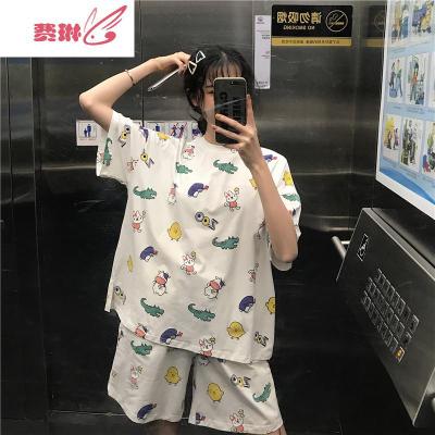 夏装减龄可爱少女卡通印花短袖T恤短裤睡衣两件套休闲家居服女费琳
