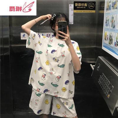 夏装减龄可爱少女卡通印花短袖T恤短裤睡衣两件套休闲家居服女 费琳