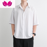 七斓衬衫男夏季宽松薄款冰丝短袖白色五分袖衬衣男士痞帅黑色半袖上衣