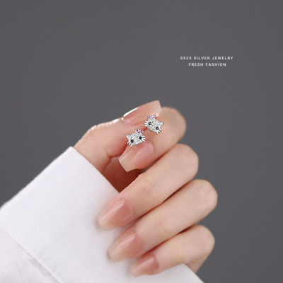 卡通猫咪微镶超闪满钻耳钉女s925纯银可爱百搭小众时尚耳饰代发送女朋友老婆情人节七夕生日礼物