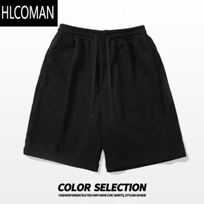 HLCOMAN潮流宽松纯色阔腿五分裤男vintage夏季外穿美式黑色直筒运动短裤