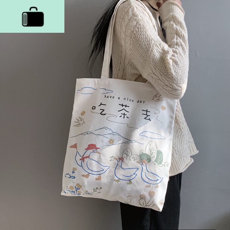 帆布包女单肩原创小众设计百搭数码印刷棉学生ins布包女帆布NEW LAKE 吃茶去帆布包女手包