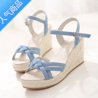 SUNTEK2023夏季新款 夏日小清新牛仔细带麻底坡跟防水台女鞋草编凉鞋