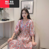 YIBUSHENG棉绸连衣裙女日收腰薄款甜美碎花V领清凉人造棉度假沙滩长裙子