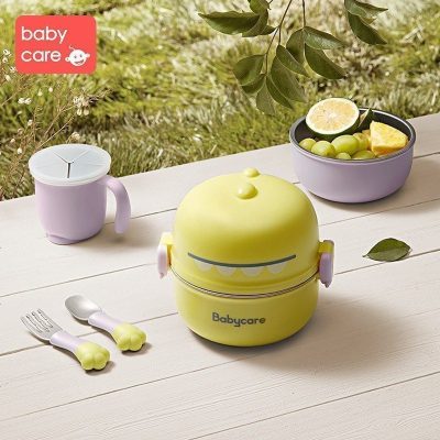 babycare宝宝餐具辅食碗儿童碗防摔防烫婴儿外出辅食碗叉勺子套装淡雾紫