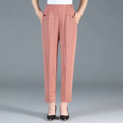 夏季中老年女裤新款妈妈装高腰休闲裤大码弹力九分裤奶奶薄款裤子