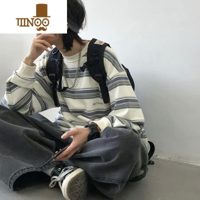 YANXU日系痞帅ins条纹卫衣男秋季宽松潮流复古港味网红慵懒风长袖t恤潮