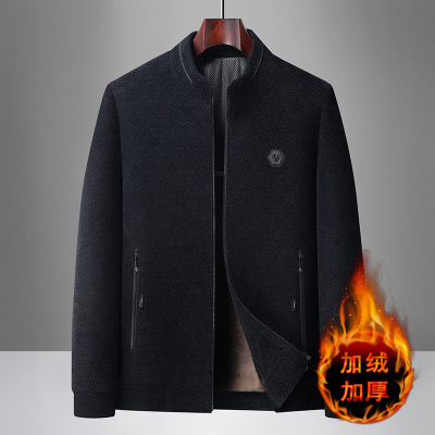 新款男士休闲雪尼尔外套秋冬翻领外套中老年爸爸装加绒加厚_1_453