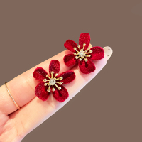 红色花朵新年耳环女925银针小香风轻奢百搭耳钉2024新款耳饰送女朋友老婆情人节七夕生日礼物