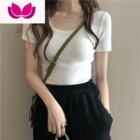 七斓白色正肩短袖t恤女夏季韩版紧身显瘦短款内搭打底露锁骨上衣