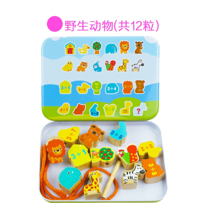 铁盒串珠榉木动物大颗粒交通数字农场串珠穿针引线玩具0.25