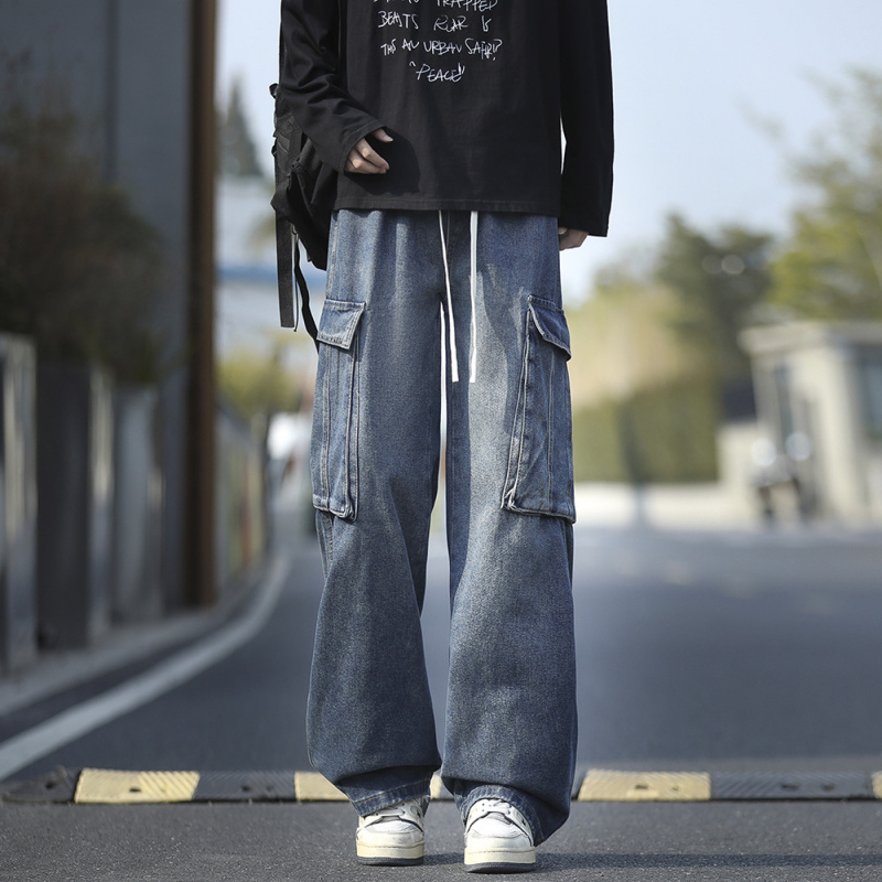 宽松直筒港风牛仔工装裤男百搭多色松紧水洗拖地裤垂感学生潮男装