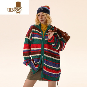 YANXU宽松美式复古潮牌条纹针织衫男女镂空拉链开衫毛衣外套ins潮