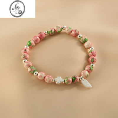 JiMi925银银寿山石手串2023年新款彩色串珠手链清新幸运草手环