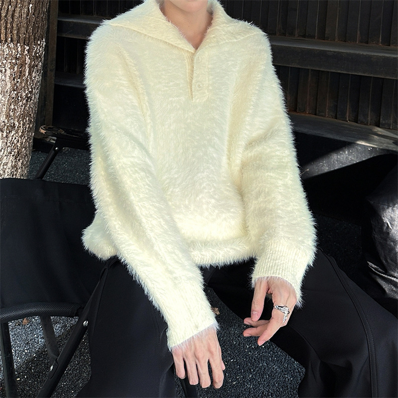 男装潮牌毛绒翻领针织衫情侣款韩系慵懒风宽松套头长袖毛衣男