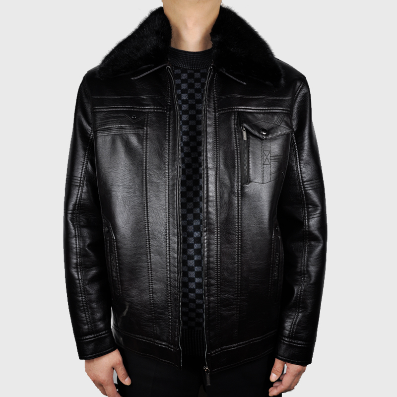 爸爸冬装外套老爸棉袄40岁50中年加绒加厚皮衣男pu棉衣服中老年人皮衣