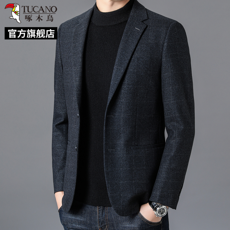 啄木鸟2025新款中年男士西服休闲格子商务西装外套爸爸春秋上衣C