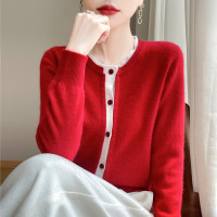 圆领拼色羊毛衫假两件开衫女秋冬款宽松羊毛针织短外套小香风上衣