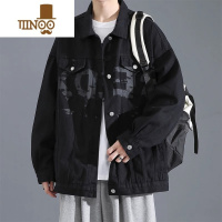 YANXU黑色美式牛仔外套男士新款潮牌宽松印花男生复古上衣服夹克