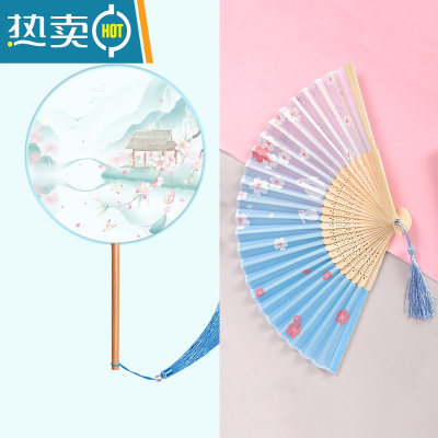 XIANCAI古风团扇半透古装女式长柄流苏小折扇汉服旗袍扇子儿童夏季舞蹈扇 花满楼+花香四溢