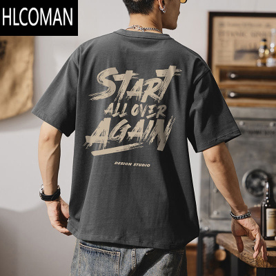HLCOMAN2024新款男士短袖t恤潮流印花灰色夏季美式宽松休闲体恤