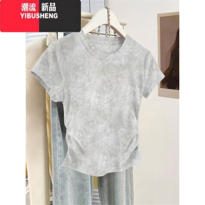 YIBUSHENG2024新款短款t恤上衣季潮流紫色正肩扎染收腰修身显瘦短袖女生
