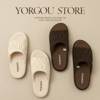 远港褶皱棉麻拖鞋女士春夏季室内居家用pu皮防滑四季外穿男牛筋底春秋