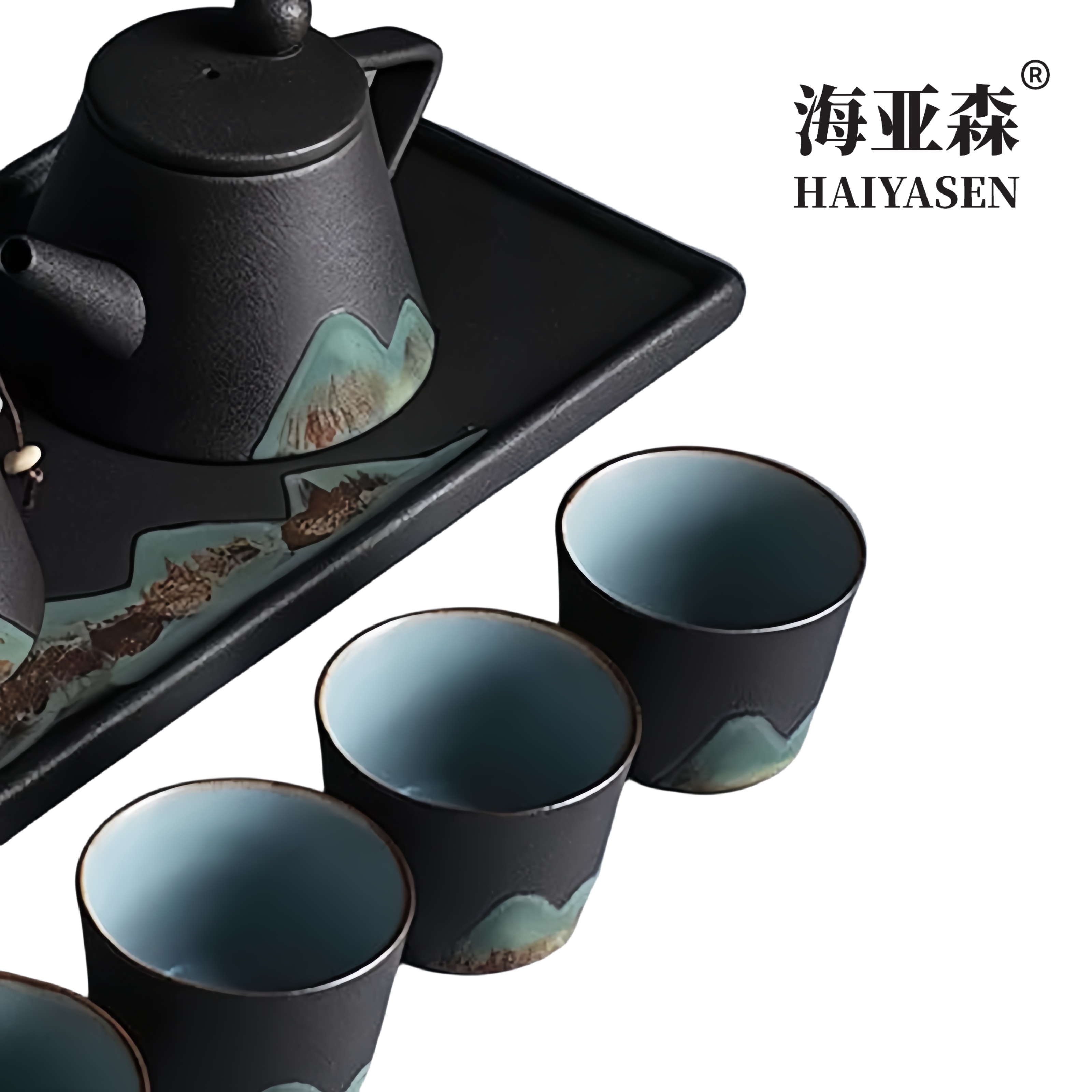 海亚森 TK-3116 森禧集中式山水陶瓷茶器一壶四杯带茶盘(内含茶夹茶巾)(计价单位:套)水墨色