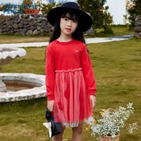 [1件3.5折]秋季新款女童针织长袖连衣裙儿童公主裙百搭梦幻网纱连衣裙