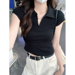 含棉 辣妹风polo领短袖T恤女新款设计感小众修身显瘦短款上衣